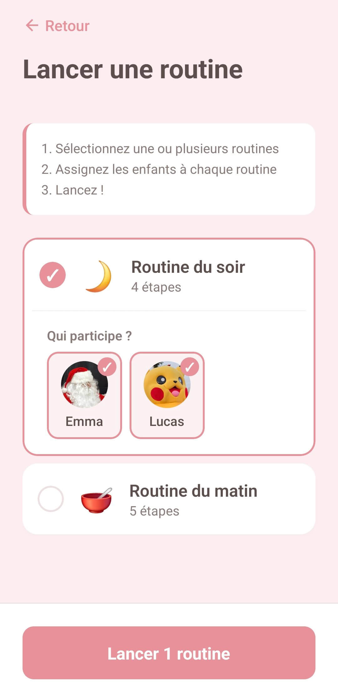 Sélection des enfants avant lancement